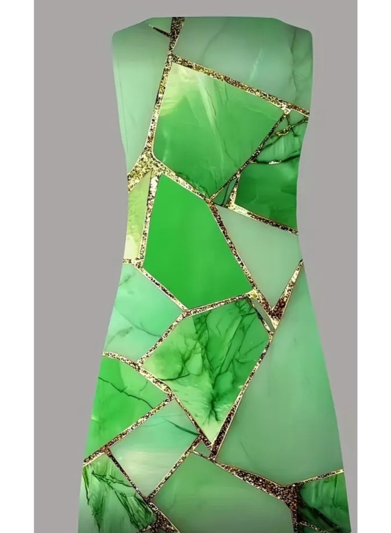 Elegant Summer Sleeveless Giometric pattern Emerald Green Golden Dress  Mid-length - Image 3